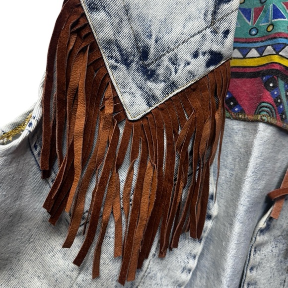 Western 80’s Stone Washed Fringe Denim Vest by Bazerk Medium - Picture 4 of 16